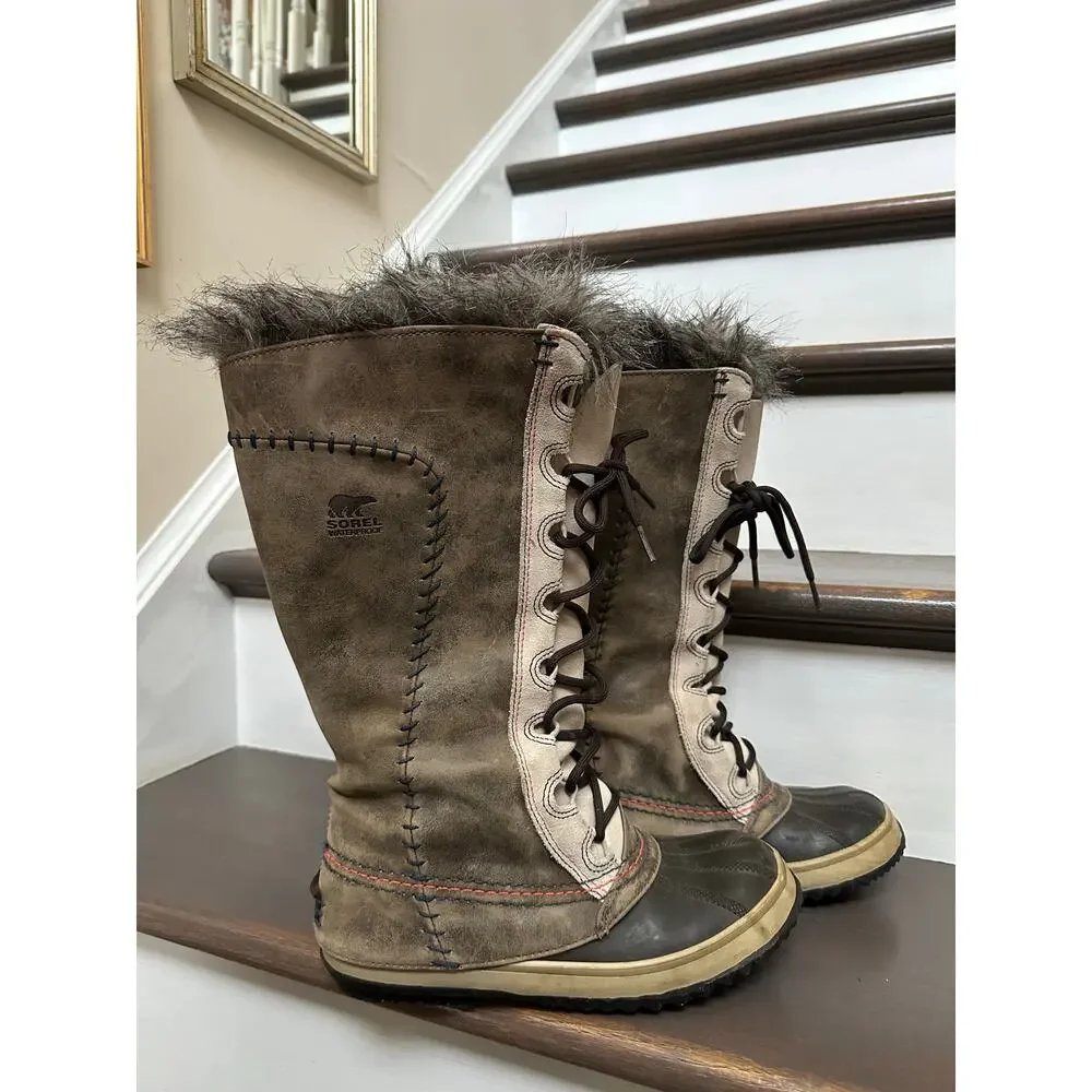 Sorel Cate The Great Tall Winter Boots Women's Size 7 Taupe leather faux fur